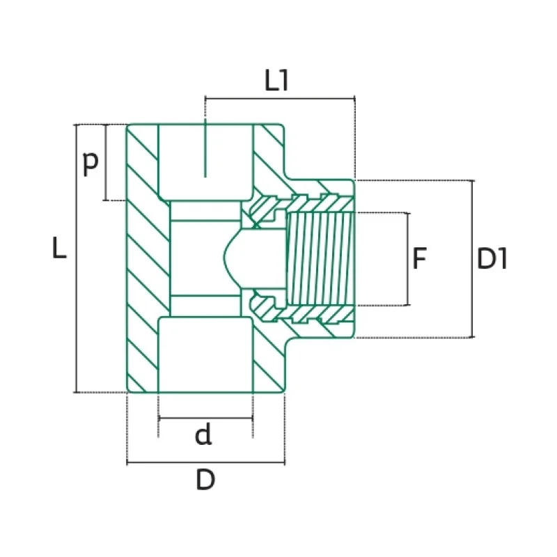 Tee con Rosca Central Hembra Tuboplus PP-R - Plano Dimensional Técnico