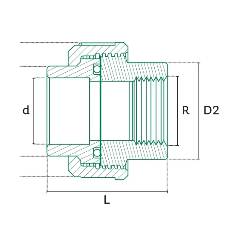 Tuerca Unión Plástica Mixta NPT Tuboplus PP-R - Plano Dimensional Técnico