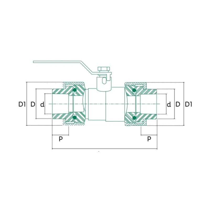 Válvula Esfera Desmontable Doble Tuerca Unión Tuboplus PP-R - Plano Dimensional Técnico